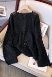 Open-Knit Crochet Crew Neck Sweater