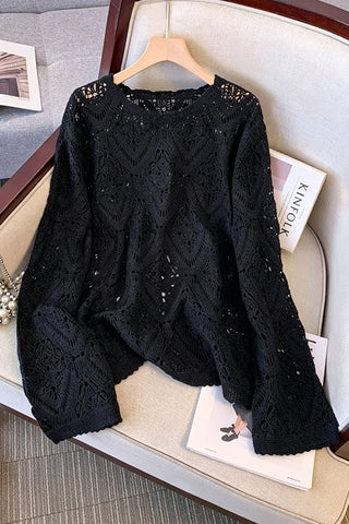 Open-Knit Crochet Crew Neck Sweater