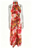 Floral Halter Ruched Maxi Dress