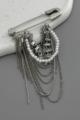 Layered Chain Tassel Safety Pin Brooch
