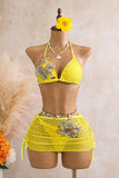 Floral Applique Three-Piece Bikini Set
