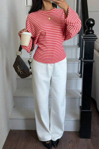 Striped Ribbed Knit Long Sleeve Top