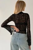Lace Bell Sleeve Tie Neck Cutout Blouse