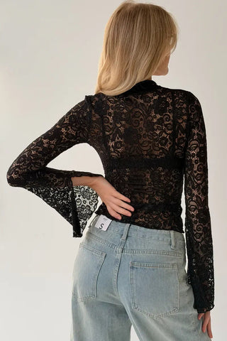 Lace Bell Sleeve Tie Neck Cutout Blouse