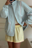 Pom-Pom Trim Zip-Up Mock Neck Jacket