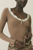 Lace Trim Ribbed Henley Long Sleeve Top