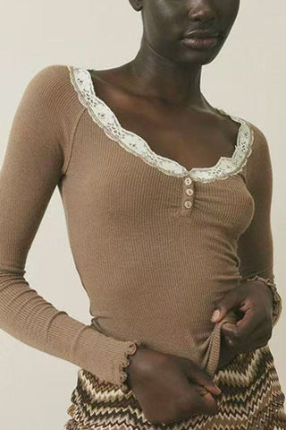 Lace Trim Ribbed Henley Long Sleeve Top