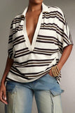 Striped Collar Deep V-Neck Polo