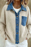 Denim Collar Ribbed Knit Button-Front Jacket