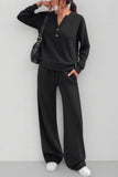 Button Placket Long Sleeve Wide-Leg Pants Set