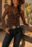 Sheer Mock Neck Printed Long Sleeve Top