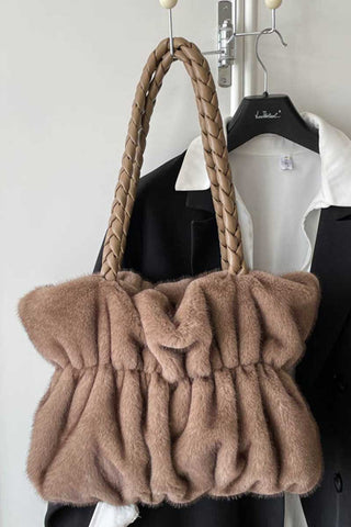 Braided Handle Faux Fur Tote Bag