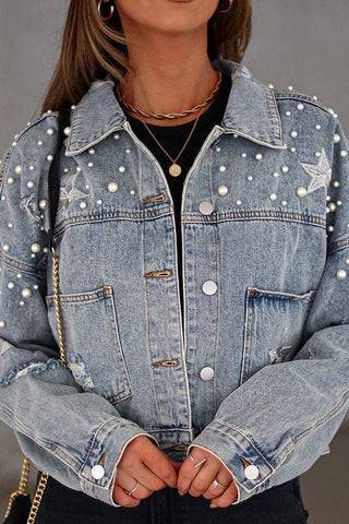 Pearl Star Embellished Distressed Denim Jacket