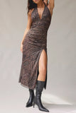 Ruched Halter High-Slit Dress
