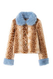 Faux Fur Collar Spot Print Button Jacket