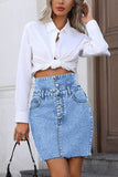 Button-Front Frayed Denim Skirt