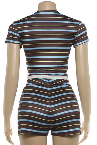 Striped Short-Sleeve Crop Top and Shorts Set