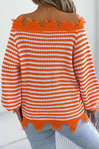Striped Off-Shoulder Frayed Knit Sweater