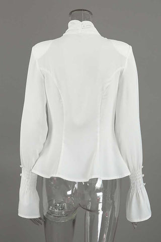 Tie-Neck Smocked Cuff Pleated Blouse