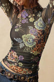 Sheer Floral Mock Neck Long Sleeve Top