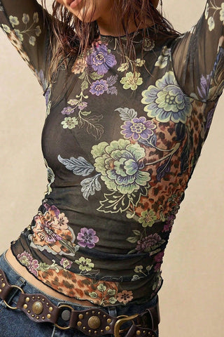 Sheer Floral Mock Neck Long Sleeve Top