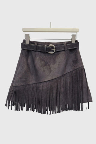 Fringe A-Line Belted Mini Skirt