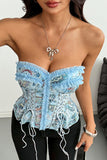 Ruffle Trim Paisley Lace-Up Corset Top