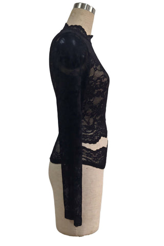 Sheer Floral Lace Mock Neck Long Sleeve Blouse