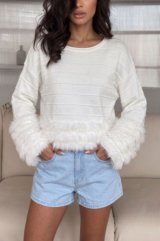 Fuzzy Cuff Boat Neck Stripe Knit Sweater