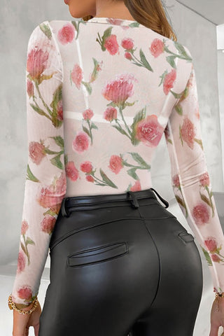 Sheer Floral Long Sleeve Crew Neck Top