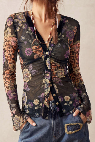 Sheer Floral Print Button-Front Blouse