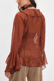 Sheer Ruffle V-Neck Bell Sleeve Blouse