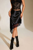 Satin Asymmetrical Lace Trim Midi Skirt