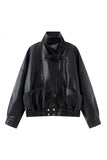 Notched Collar Smocked Waist Faux Leather Jacket