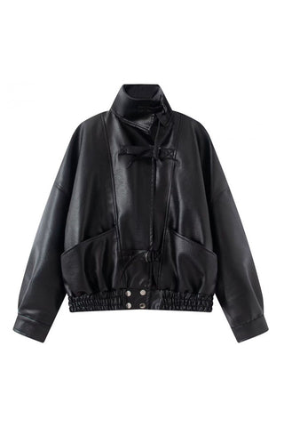 Notched Collar Smocked Waist Faux Leather Jacket