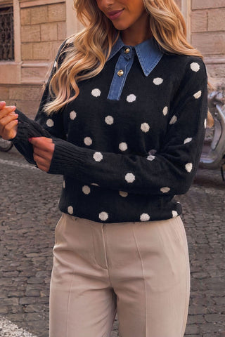 Polka Dot Denim Collar Knit Sweater