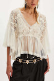 Sheer Lace Bell Sleeve V-Neck Top