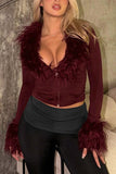 Fuzzy Trim Zip-Front Long Sleeve Top