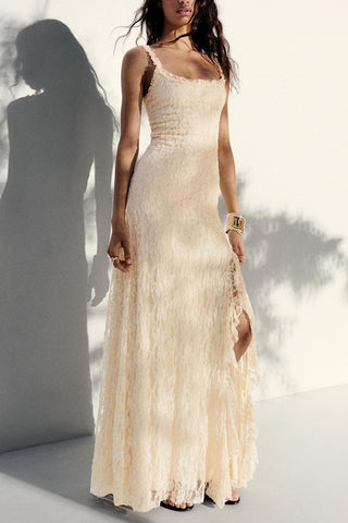 Ruched Square Neck Lace Maxi Dress