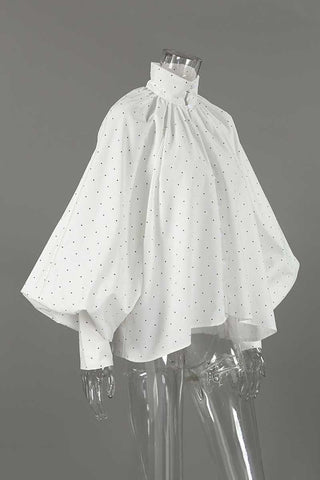Polka Dot Puff Sleeve Mock Neck Blouse