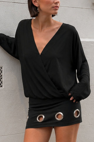 V-Neck Long Sleeve Grommet Mini Casual Dress