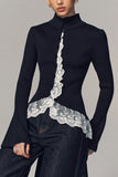 Ribbed Mock Neck Lace Trim Blouse