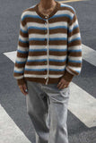 Striped Button Detail Crew Neck Knit Cardigan