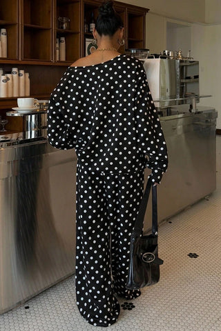 Polka Dot Off-Shoulder Long Sleeve Pants Set