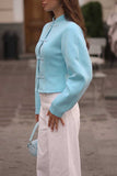 Mandarin Collar Frog Button Puff Sleeve Blouse