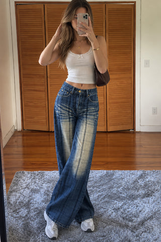 Plaid Fade Wide-Leg Straight Jeans