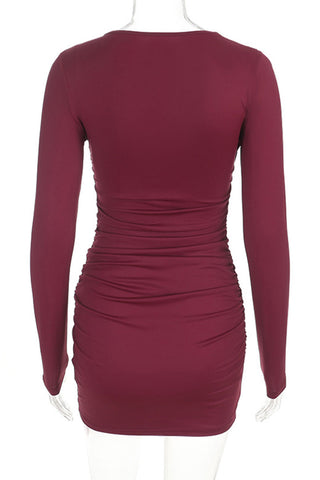 Ruched Cowl Neck Long Sleeve Mini Dress