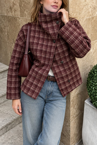 Plaid Mock Neck Button-Front Jacket