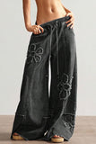 Floral Applique Drawstring Wide Leg Baggy Jeans