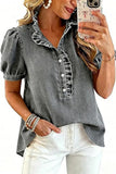 Ruffle Collar Puff Sleeve Button-Front Shirt